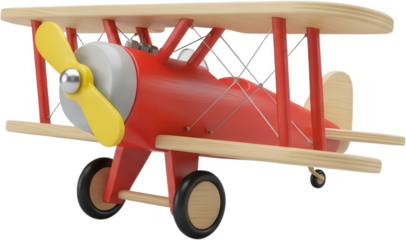 Detailed three dimensional render of a classic red biplane toy constructed from wood with a yellow propeller and black wheels airplane wooden vintage children childhood flight transparent background