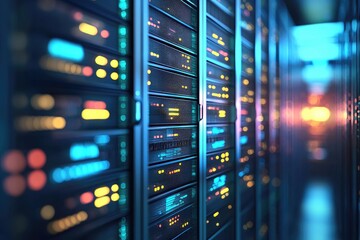 Modern IT server rack corridor with illuminated system indicators inside secure data center, ideal for cloud computing, network infrastructure, and enterprise backend operations