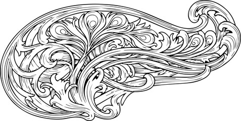Fototapeta premium Hand Drawn Baroque Acanthus Leaf Scroll Ornament with Highly Detailed Shaded Engraving Style
