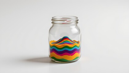 A close up of a glass jar filled with colorful candies that resemble wavy patterns. A single candy is placed on top, suggesting the jar's contents