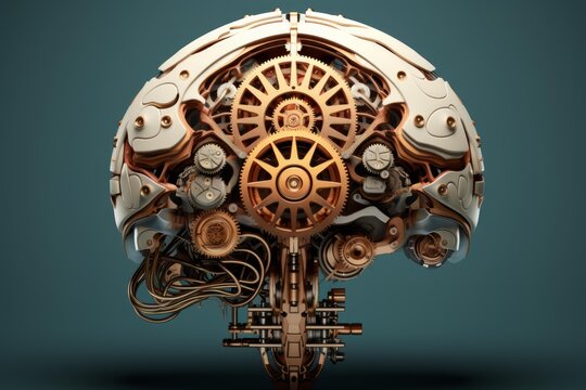 Artificial intelligence concept featuring a detailed mechanical brain on a blue green background