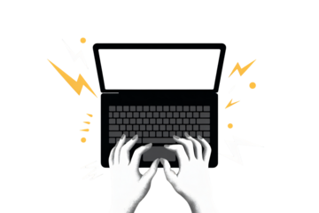 Hands Typing on Laptop Keyboard in Energetic Motion with Vibrant Orange Accents in Flat Illustration Style for Productivity