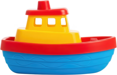 Brightly colored plastic toy tugboat with yellow cabin and red superstructure featuring blue hull with wave pattern toy boat colorful marine nautical childrens toy play bath toy transparent background