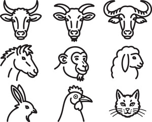 Obraz premium Collection of nine stylized animal heads in a grid pattern Vector.