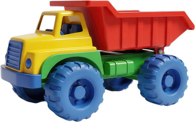 Obraz premium Colorful plastic toy dump truck with a bright red cargo bed and large blue wheels perfect for children's play and creative projects colorful toy childrens toy toy vehicle transparent background
