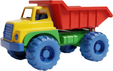 Colorful plastic toy dump truck with a bright red cargo bed and large blue wheels perfect for children's play and creative projects colorful toy childrens toy toy vehicle transparent background
