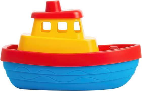 Brightly colored plastic toy tugboat with yellow cabin and red superstructure featuring blue hull with wave pattern toy boat colorful marine nautical childrens toy play bath toy transparent background