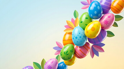 Colorful Easter eggs with flowers arranged on a pastel background  