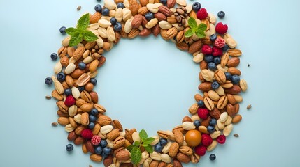 Nut Wreath of Health: A vibrant composition of mixed nuts and berries artfully arranged in a wreath shape, representing a healthy and delicious snack.