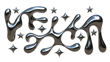 3D Chrome Liquid Abstract Shapes with Metallic Fluid Forms and Star Spark Elements Futuristic Modern Illustration on White Background