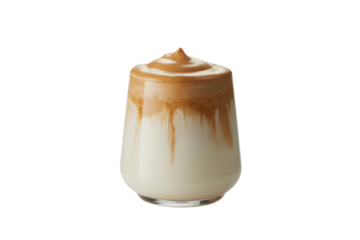 Dalgona Coffee in Glass Cup with Whipped Cream and Caramel Sauce in Soft Natural Lighting for Beverage Advertising