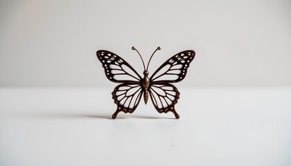 A close up photograph of an intricately designed metal butterfly with delicate filigree detailing its wings and body, positioned against a light background.