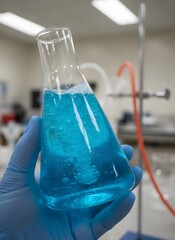 Gloved hand holding Erlenmeyer flask with swirling blue liquid in laboratory