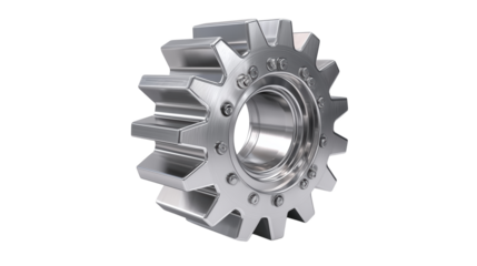 Shiny silver metal gear wheel for industrial machinery and engineering.

