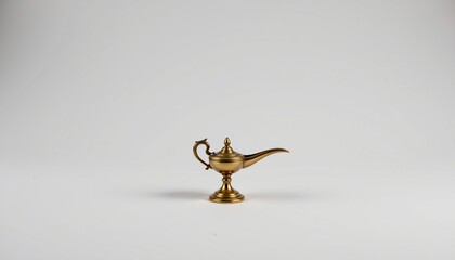 A gold colored, lamp shaped object commonly known as a brass lamp. It has a bulbous base with three lamps that taper down to points at the top