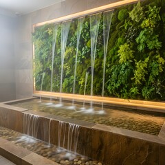 Serene indoor water feature with vibrant green living wall, multi-tiered waterfalls, and ambient lighting in a modern spa environment.