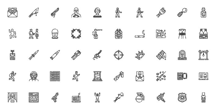 Criminal icon set. Crime vector illustrations. Includes symbols for thief, bribe, kidnapping, pistol, drugs, prison, explosive and more. Editable stroke.