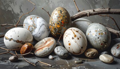 Artistic arrangement, Easter eggs made of Terrazzo stone and natural marble, mixed with smooth river stones and dry twigs, on a raw concrete background, Zen style