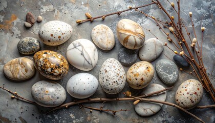 Artistic arrangement, Easter eggs made of Terrazzo stone and natural marble, mixed with smooth river stones and dry twigs, on a raw concrete background, Zen style