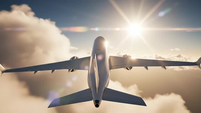 Airplane flying through a sunny sky with clouds and sun rays shining through the wings and body of the plane