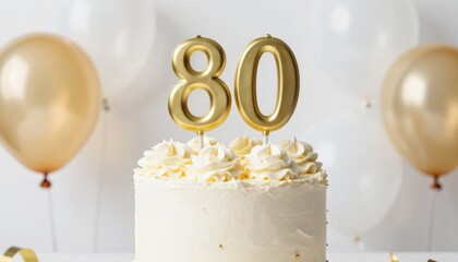 Celebrating 80th birthday with bright balloons cake and cheerful background indoor party joyful atmosphere festive lighting