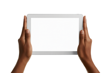 Hands holding digital tablet in modern minimalist style with soft natural lighting on white background for technology advertising