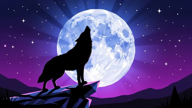 Wolf Howling at Moon Cartoon Silhouette With Night Sky Background