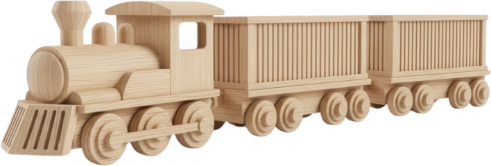 A simple unpainted wooden toy train with a locomotive and two cargo cars crafted with a natural wood grain texture and classic design elements railway transportation childhood transparent background