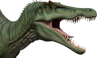 Detailed realistic depiction of a fierce green Tyrannosaurus Rex dinosaur head with sharp teeth and an open mouth T Rex prehistoric ancient reptile lizard predator carnivore transparent background