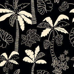 Black tropical palm tree floral seamless pattern. Hand drawn silhouette coconut, flowers, jungle leaves, forest, Hawaii beach print. Vector abstract nature repeat background, wallpaper, textile design
