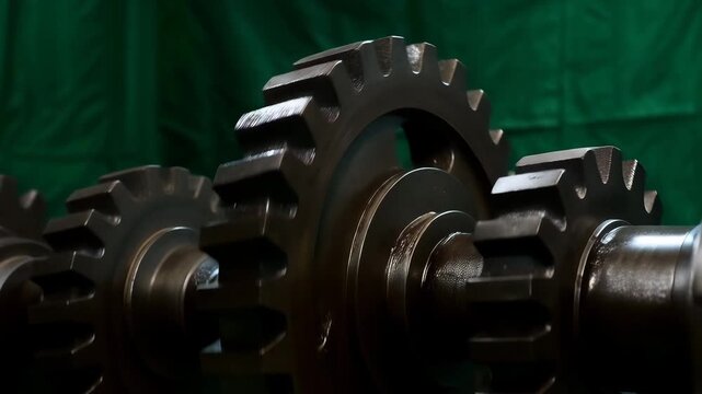 Close-up of interlocking gears with a dark metallic look and a hint of industry