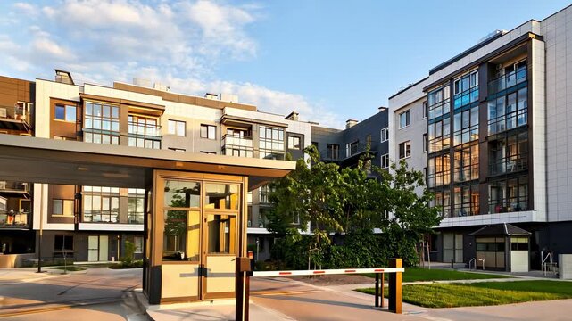 Modern apartment complex entrance with a gated security checkpoint surrounded by contemporary architecture and landscaped green spaces in the urban setting.