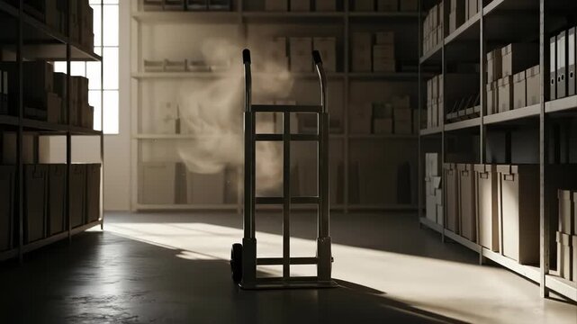 An empty silver hand truck stands dramatically lit inside a commercial warehouse.