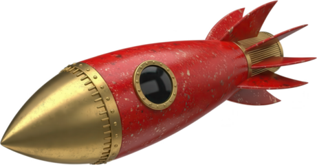 Vintage red rocket ship with gold metallic nose cone fins and porthole window showing signs of age and use 179 characters spaceship retro space exploration science fiction transparent background