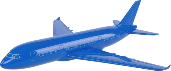 A sleek glossy blue passenger jet airplane with detailed windows and wings presented as a modern design element aircraft transport aviation travel vehicle flight flying sky transparent background