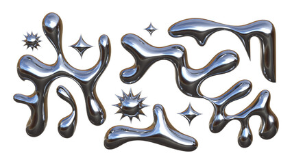 3D Chrome Liquid Abstract Shapes with Metallic Fluid Forms and Star Spark Elements Futuristic Modern Illustration on White Background