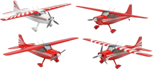 Four views of a sleek red and white propeller airplane with striped wings showcasing its polished metallic details and aerodynamic design aircraft propeller plane light aircraft transparent background