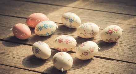Colorful Decorative Easter Eggs on Rustic Wooden Surface
