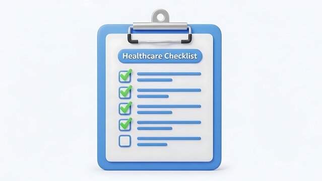Healthcare checklist on clipboard with green checkmarks - Powered by Adobe