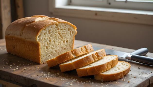 Fresh bread slices on a wooden table.