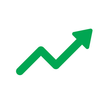 A thick green upward trend arrow chart shows positive growth isolated on a plain transparent background for business presentations.