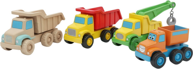 Naklejka premium Colorful Toy Trucks and Construction Vehicles Set Including Dump Truck and Crane Truck, Playful Vehicle Toy Collection with Bright Colors, Creative Imagination, Fun Transport and Industrial
