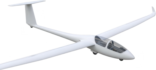 Sleek white glider aircraft with a clear canopy and long wings designed for soaring through the air on wind currents airplane aviation flight cockpit tail modern aerodynamic transparent background
