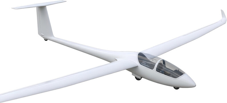 Sleek white glider aircraft with a clear canopy and long wings designed for soaring through the air on wind currents airplane aviation flight cockpit tail modern aerodynamic transparent background