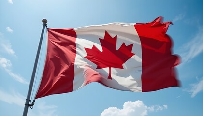“Canada flag waving strongly in the wind, dynamic motion blur on fabric edges, vibrant colors, realistic folds and shadows, outdoor daylight, cinematic realism, high detail, stock photography, Adobe S