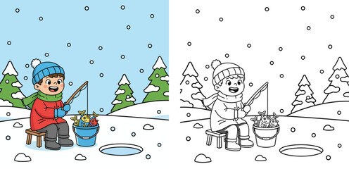 Winter coloring book page for kids, happy boy ice fishing with a bucket of fish, vector illustration with color example and outline