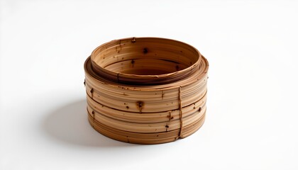 A wooden bowl with a pattern of circular marks on it, set against a white background.