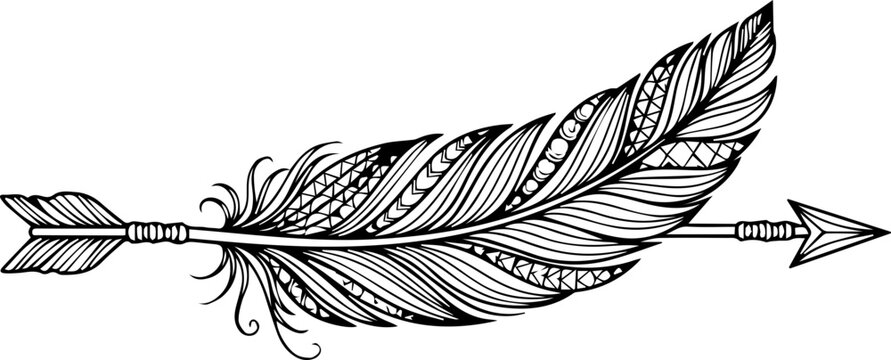 Intricate arrow design with feather fletching, perfect for tribal art, tattoo concepts, or bohemian-themed projects, rendered with smooth lines for scalability