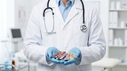 Close-up of a doctor in a white coat and blue gloves holding various blister packs of pills and capsules in a medical setting