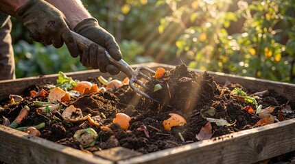 Gloved hands turning organic compost with a garden fork, mixing food and garden waste in a wooden bin during golden hour.